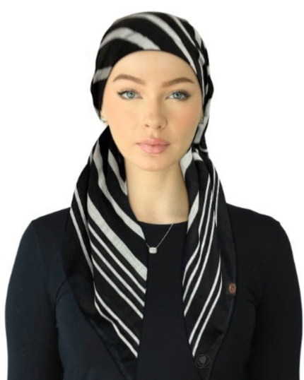 Cherie SPC322A-BI Black/Ivory Designer Lines Adjustable Closed Back Pre-Tied Bandanna Myselflingerie.com