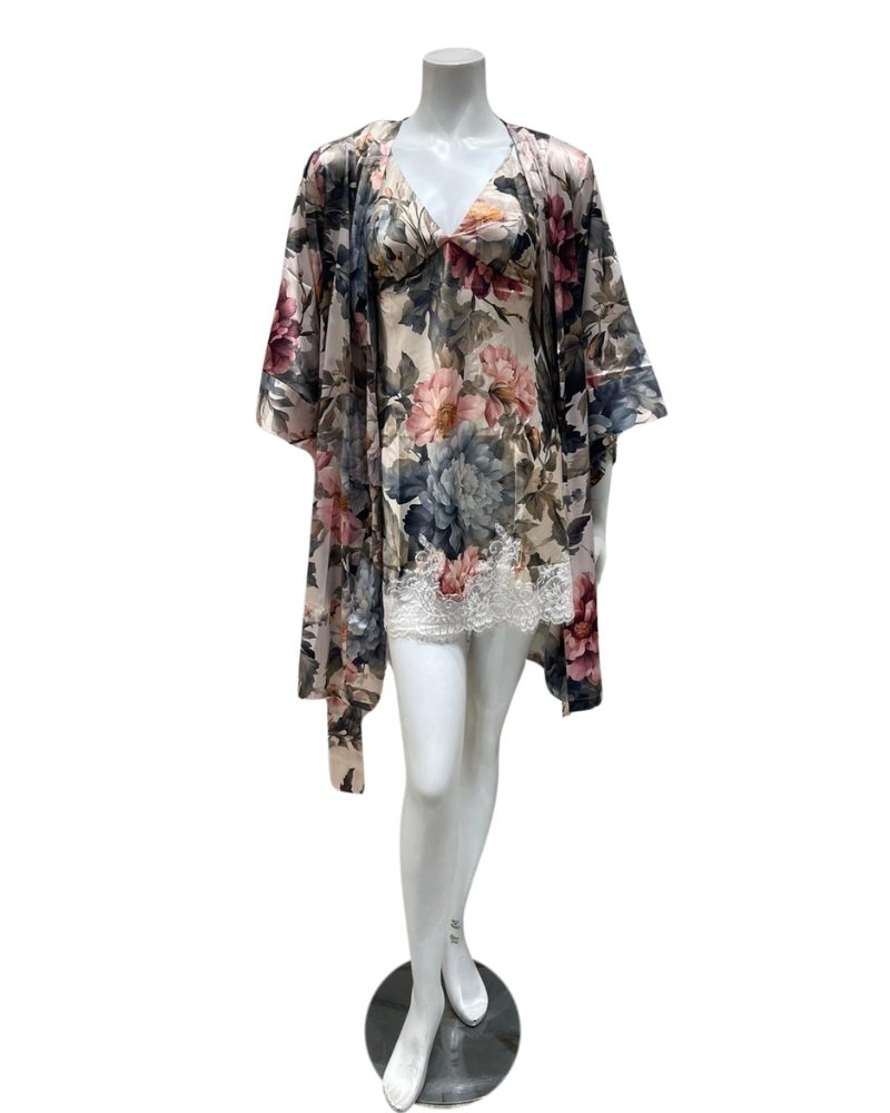 Mari M. 36370 + 36376 Printed Bloom Poly Silk Chemise & Wrap Set Myselflingerie.com