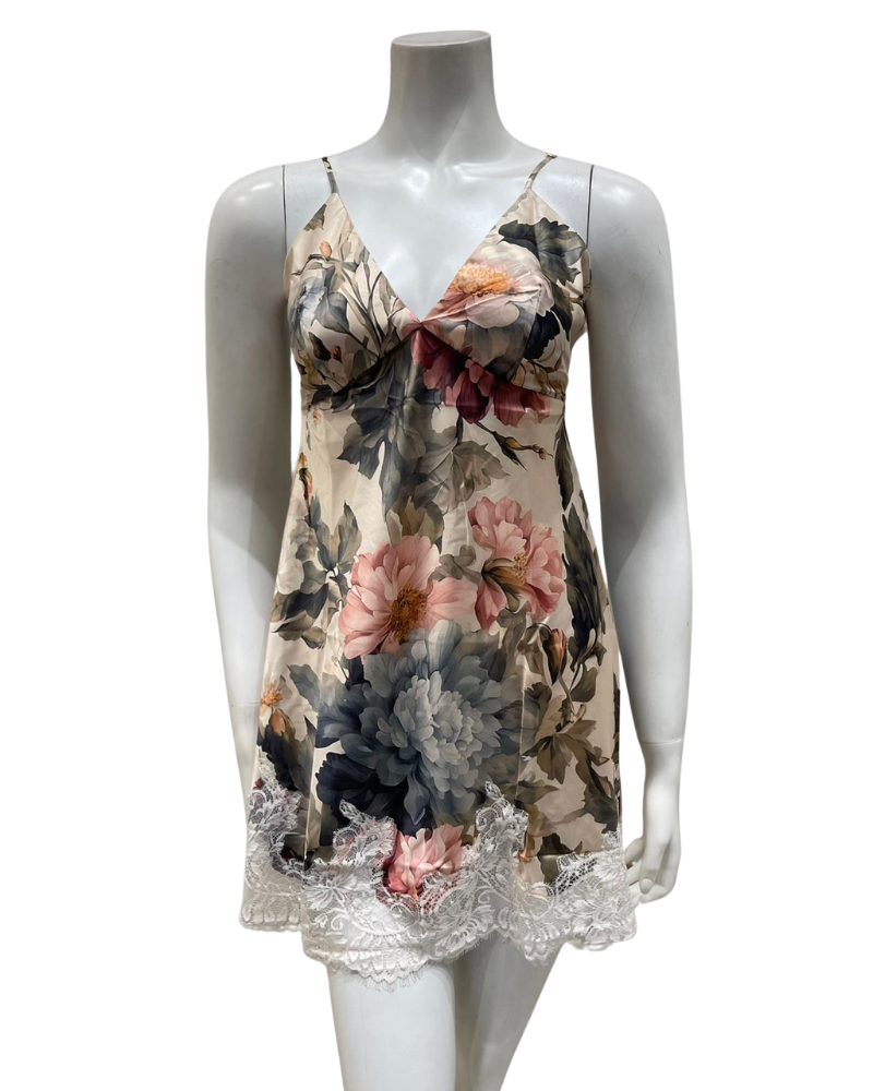 Mari M. 36370 + 36376 Printed Bloom Poly Silk Chemise & Wrap Set Myselflingerie.com