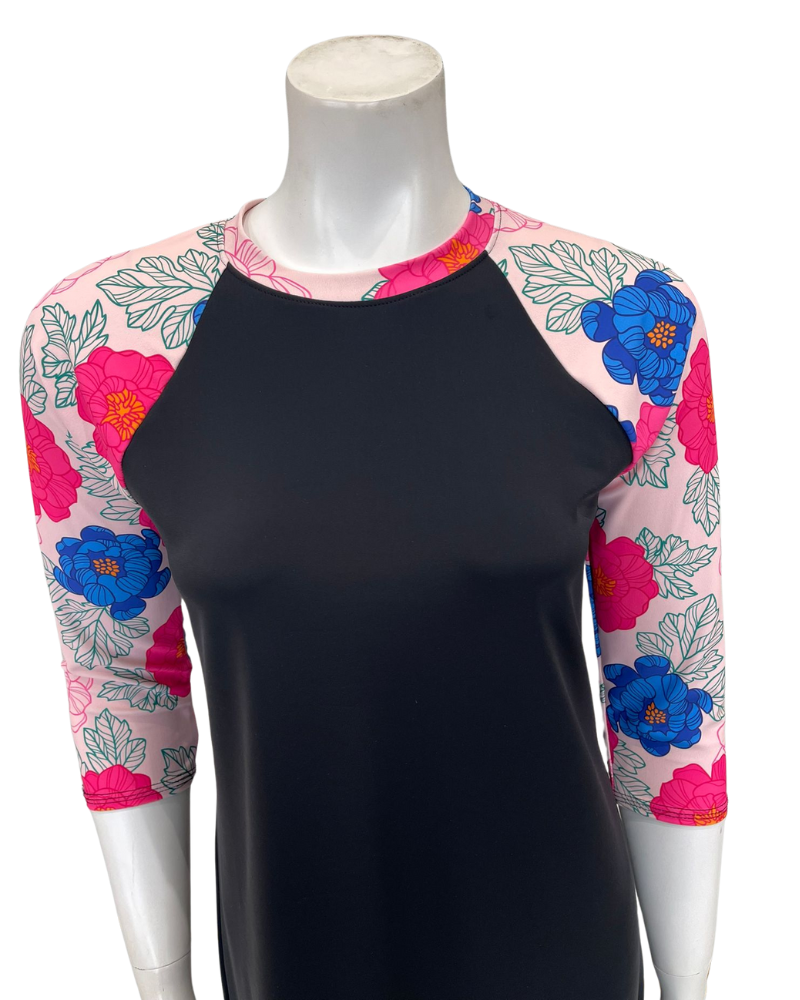 Undercover Waterwear LD-FLORAL Floral Print Sleeve Black Swim Dress Myselflingerie.com