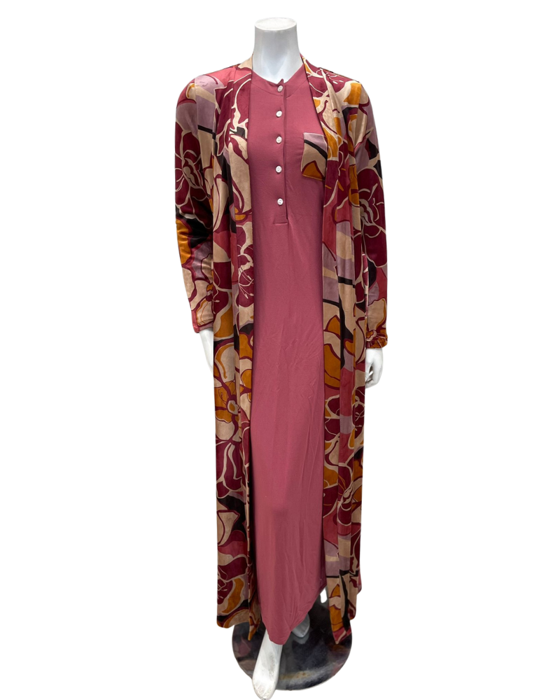 Angelice S7465 Pink and Beige Floral Plush Belted Front Morning Robe Myselflingerie.com