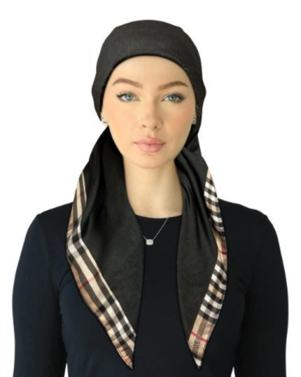 Cherie SPC318A-BLK Black Burberry Border Adjustable Closed Back Pre-Tied Bandanna Myselflingerie.com