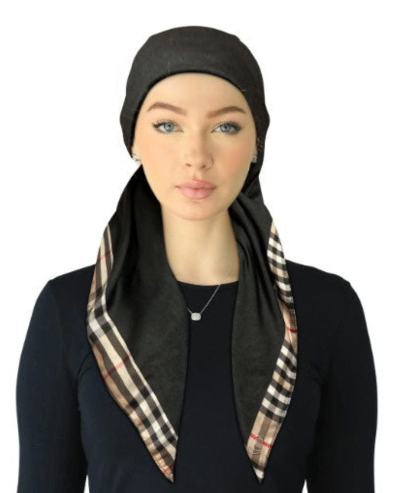 Cherie SPC318A-BLK Black Burberry Border Adjustable Closed Back Pre-Tied Bandanna Myselflingerie.com