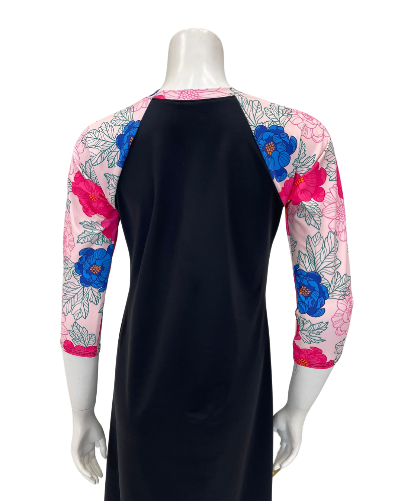 Undercover Waterwear LD-FLORAL Floral Print Sleeve Black Swim Dress Myselflingerie.com