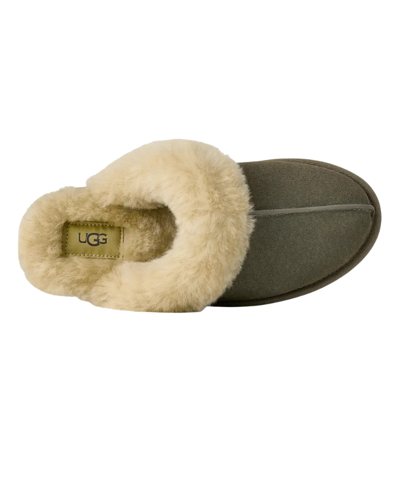 UGG 1106872 Scuffette II Moss Green / Muted Brass Suede Slipper with Fur Trim Myselflingerie.com