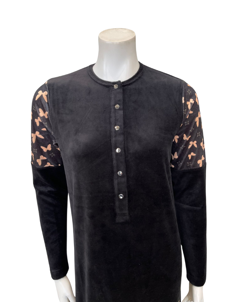 Nico Italy AP853VBK Black Butterfly Print Velour Snap Front Nightgown Myselflingerie.com