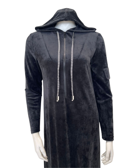 Sparrow S7533 Black Plush with Covered Pockets Semi Zip Hooded Lounger Morning Robe Myselflingerie.com