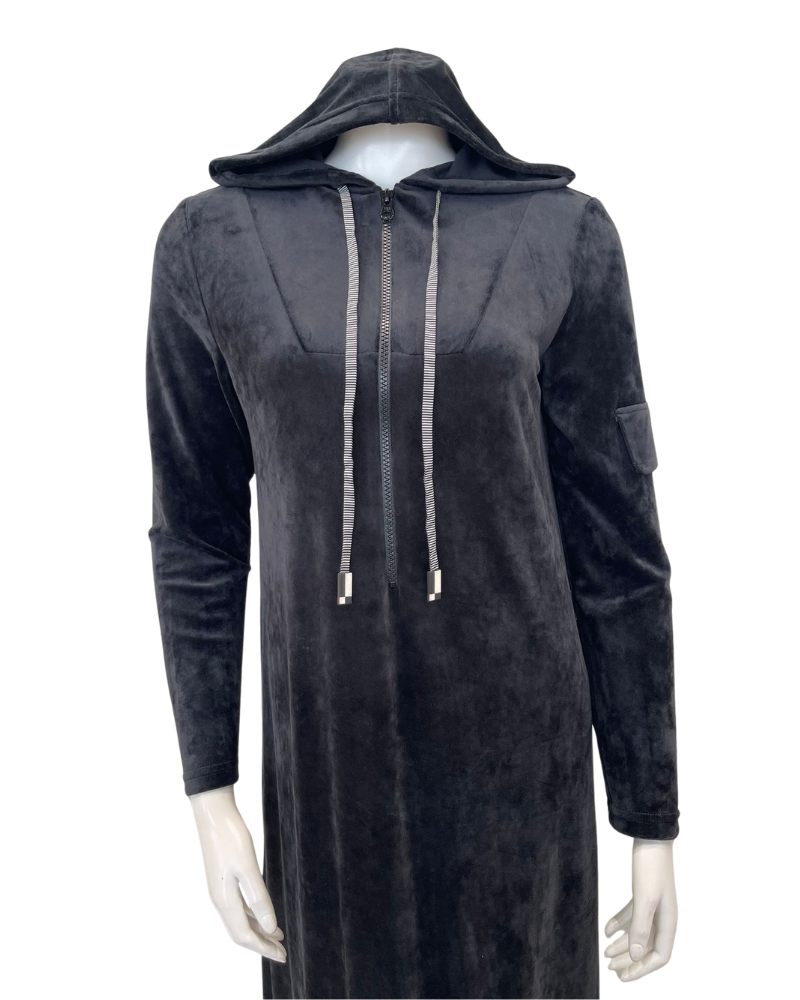 Sparrow S7533 Black Plush with Covered Pockets Semi Zip Hooded Lounger Morning Robe Myselflingerie.com