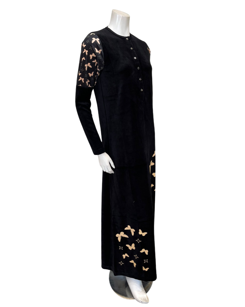 Nico Italy AP853VBK Black Butterfly Print Velour Snap Front Nightgown Myselflingerie.com