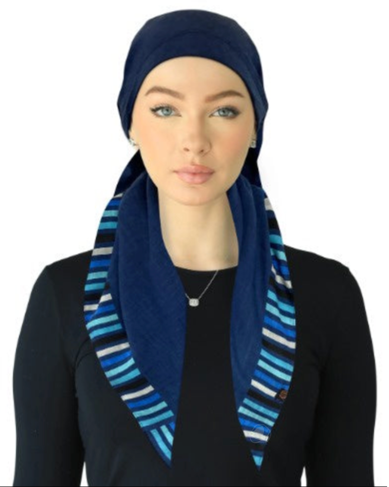Cherie SPC316A-BL Blue Striped Border Adjustable Closed Back Pre-Tied Bandanna Myselflingerie.com