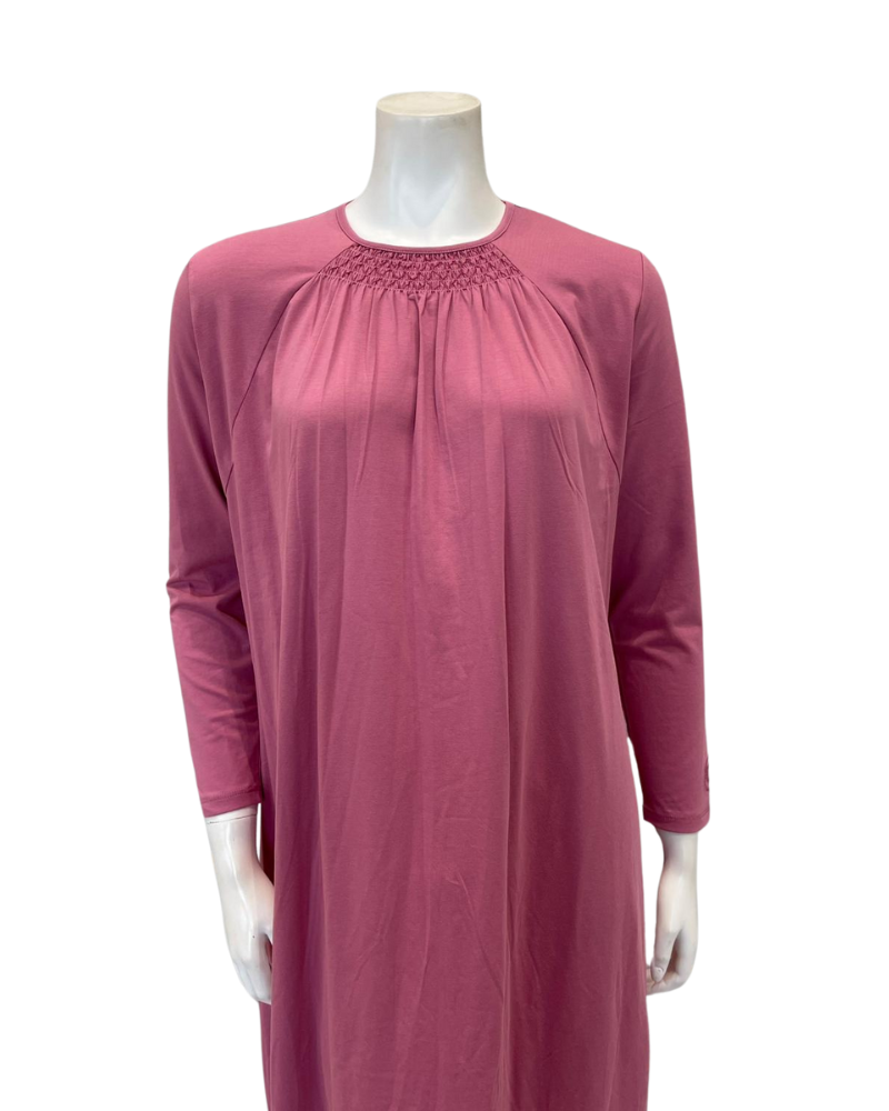 Chicolli N5097-25 Dusty Rose Smocked Pull On Cotton Nightgown Myselflingerie.com