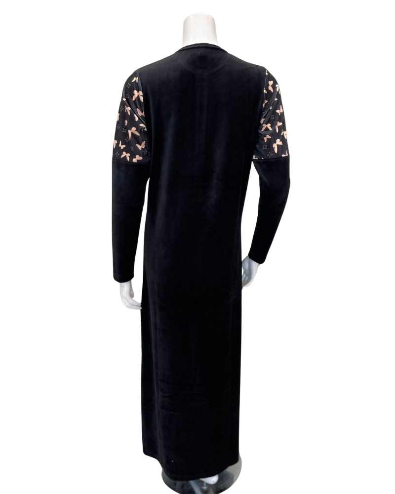 Nico Italy AP853VBK Black Butterfly Print Velour Snap Front Nightgown Myselflingerie.com