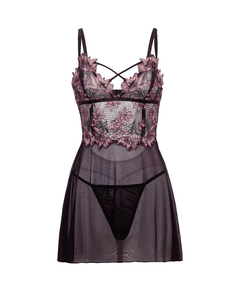 Oh La La Cheri 75-12054X Black/Floral Cheri Adela Babydoll Plus Size Myselflingerie.com