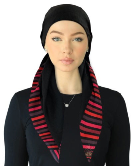 Cherie SPC316A-BLK/RD Black/Red Striped Border Adjustable Closed Back Pre-Tied Bandanna Myselflingerie.com