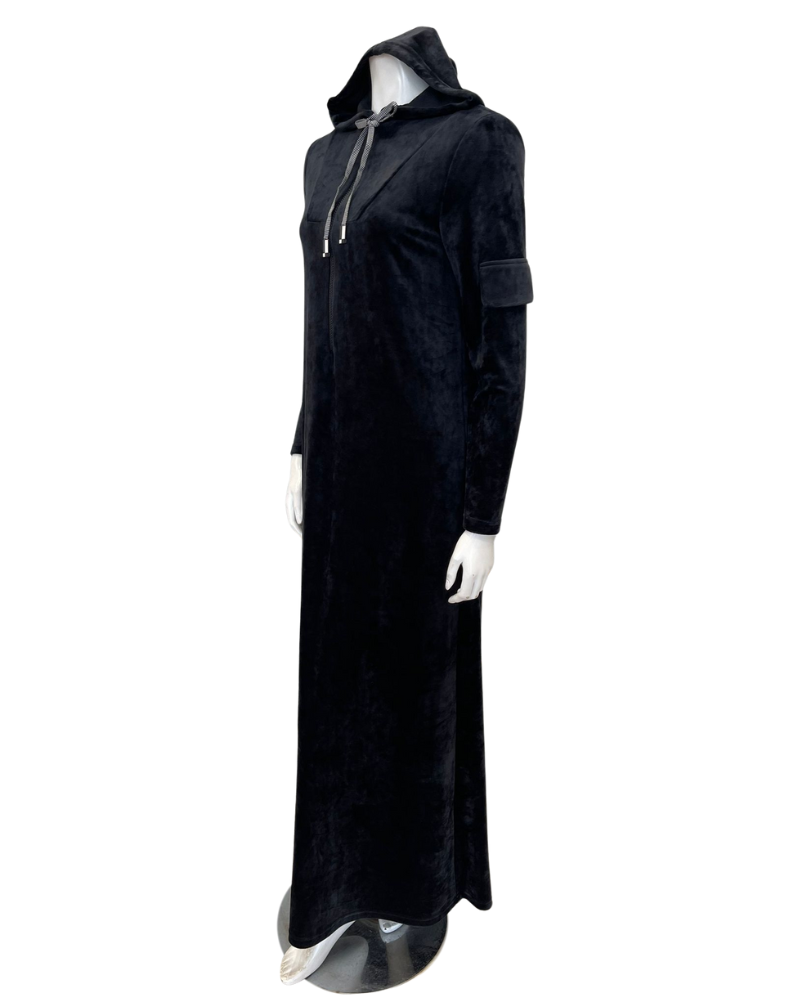 Sparrow S7533 Black Plush with Covered Pockets Semi Zip Hooded Lounger Morning Robe Myselflingerie.com