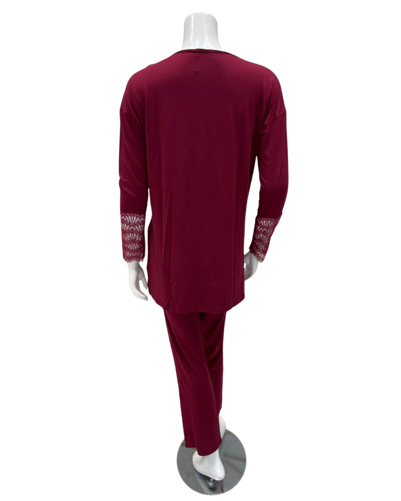Oh! Zuza M4509 Red Wine V Neck Laced Trim Sleeve Pajamas Set Myselflingerie.com