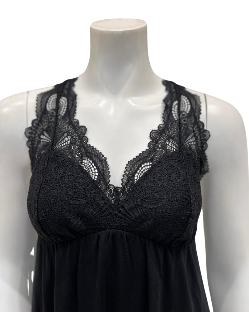 Fleur't 630F Black Lace Full Cup T-Back Short Modal Chemise Myselflingerie.com