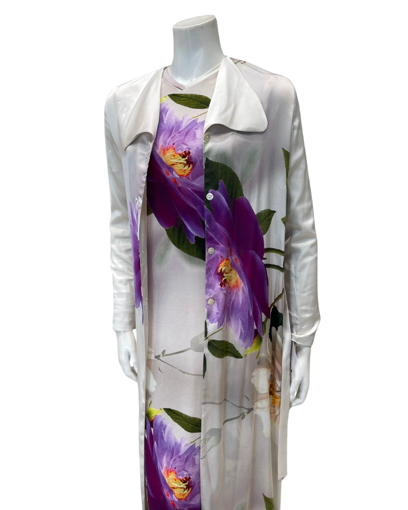 Angelice S7478 Purple Floral Cream Satin Button Down Morning Robe Myselflingerie.com