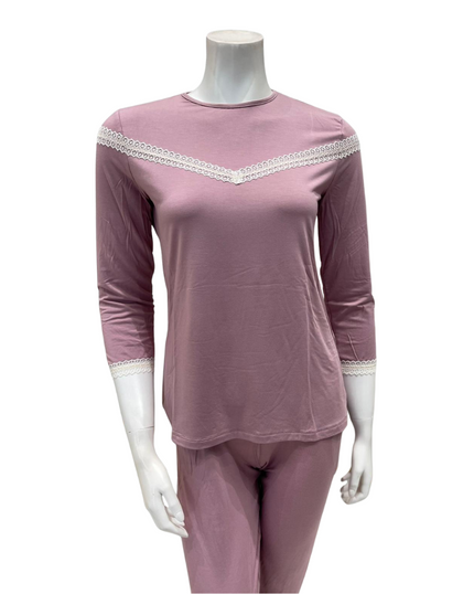 Oh! Zuza V12 V Lace Trim Dusty Pink Modal Pajamas Set Myselflingerie.com