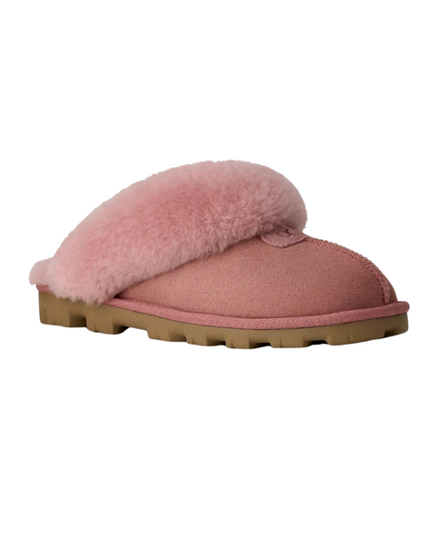 UGG Pink Dawn Coquette Clog Suede Slippers with Fur Trim Myselflingerie.com