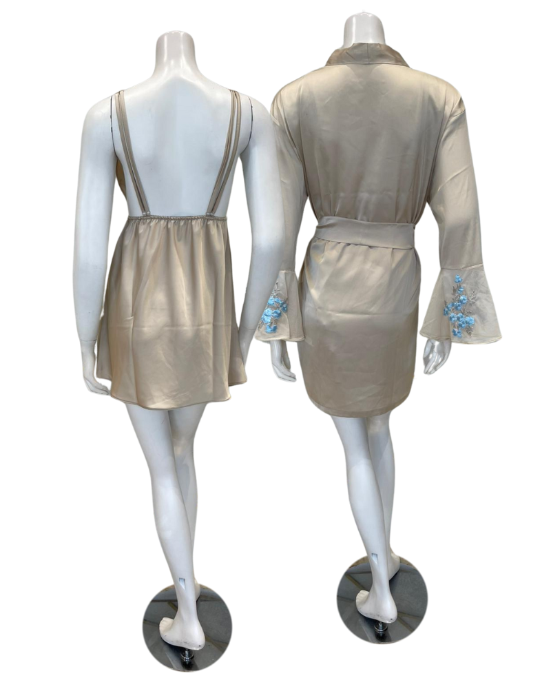 Isayes Lingerie 600231 + 180148 Light Blue Embroidery Champagne Chemise & Wrap Set Myselflingerie.com