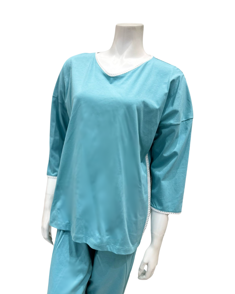 Iora Lingerie 25212M Wedgewood Blue Trimmed 100% Organic Cotton Pajamas Set Myselflingerie.com