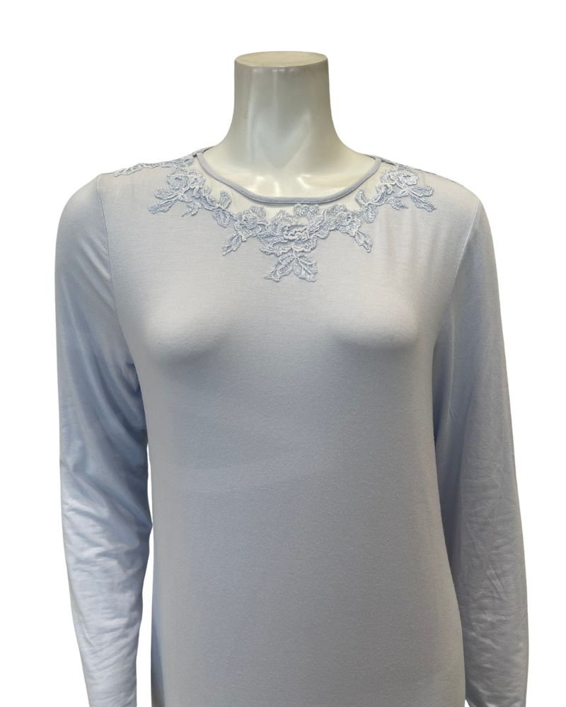 Verdiani 4409 Pale Blue Sheer Lace Applique Pull On Modal Nightgown Myselflingerie.com