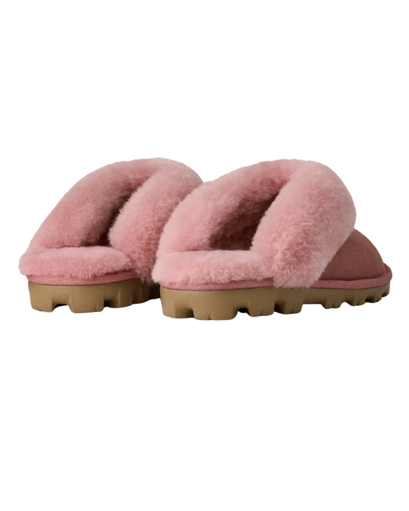 UGG 5125 Pink Dawn Coquette Clog Suede Slippers with Fur Trim Myselflingerie.com