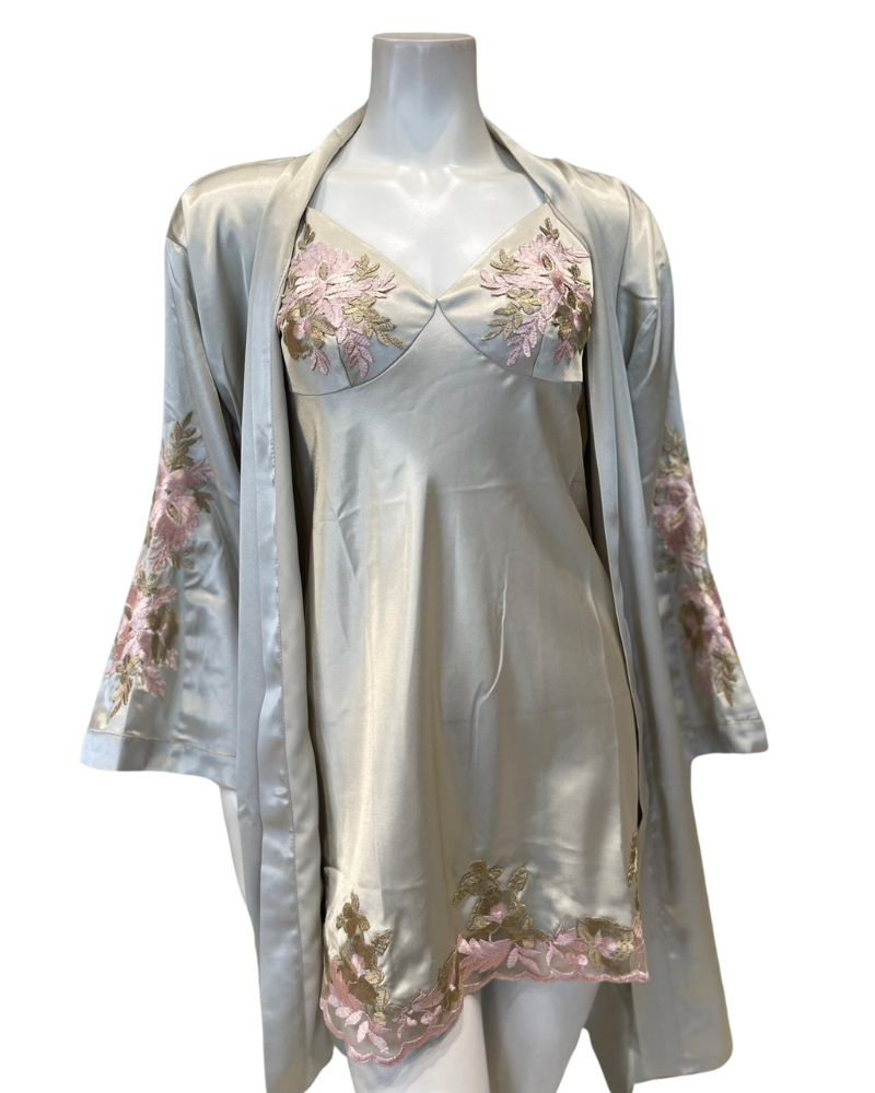Isayes Lingerie 300316 + 180149 Pink Embroidery Sage Chemise & Wrap Set Myselflingerie.com