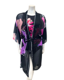 25WL727 Black Multi Water Lily Flutter Sleeve Kimono Swim Cover Up