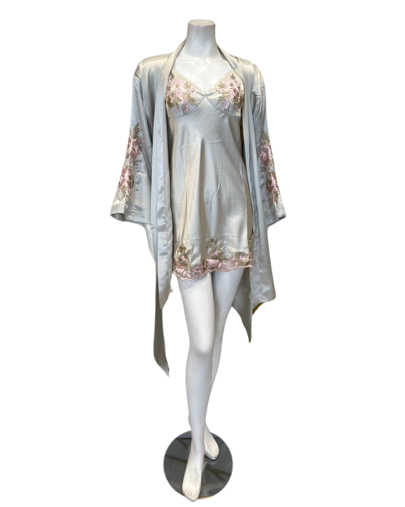 Isayes Lingerie 300316 + 180149 Pink Embroidery Sage Chemise & Wrap Set Myselflingerie.com