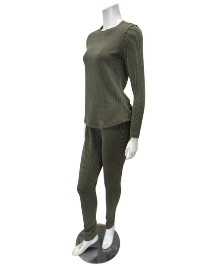 Jackie O'Loungewear PJSET-OLV Olive Ribbed Heather Round Neck Modal Pajamas Set Myselflingerie.com