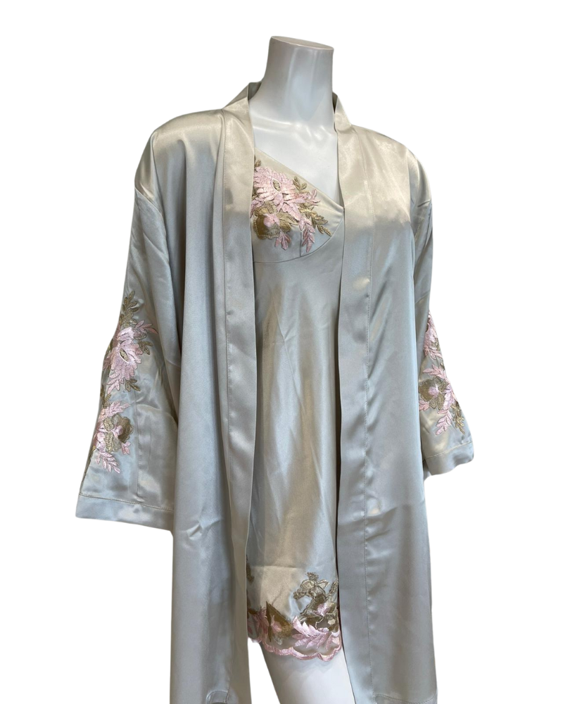 Isayes Lingerie 300316 + 180149 Pink Embroidery Sage Chemise & Wrap Set Myselflingerie.com