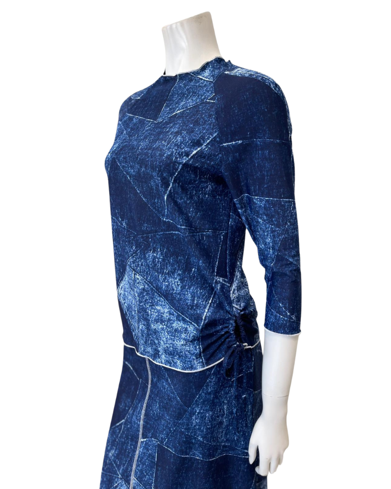 Seashells S7549 Denim Patchwork 3/4 Sleeve Swim Top with Side Ruching Myselflingerie.com