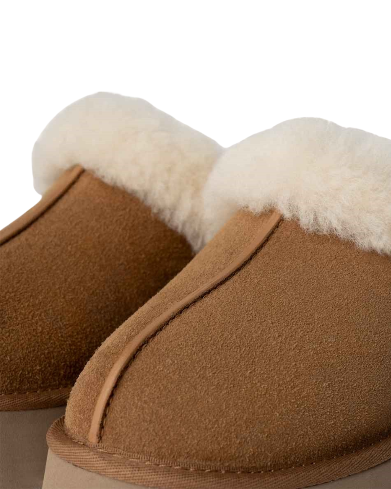 1122550 Chestnut Disquette Slippers with Fur Trim