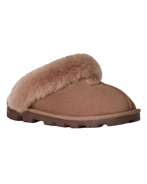 UGG Rocky Oak Coquette Clog Suede Slippers with Fur Trim Myselflingerie.com