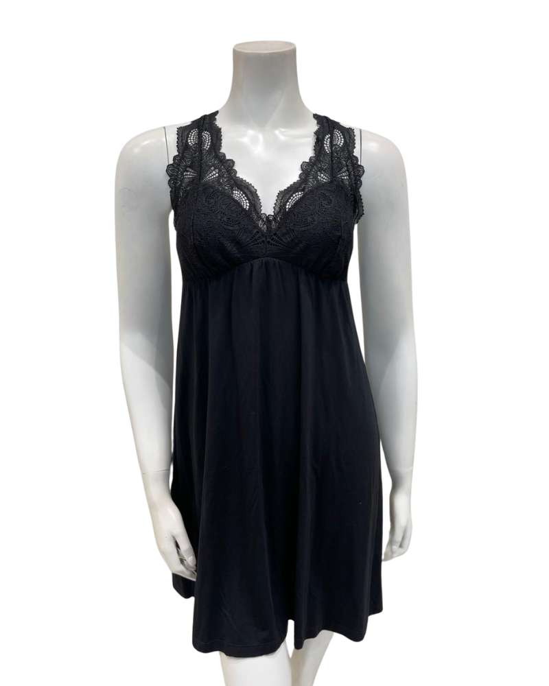 Fleur't 630F Black Lace Full Cup T-Back Short Modal Chemise Myselflingerie.com