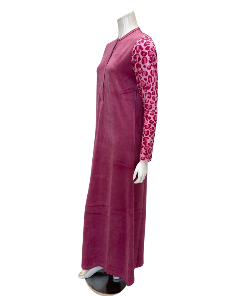 Nico Italy AP834VPK Pink Leopard Print Velour Snap Front Nightgown Myselflingerie.com