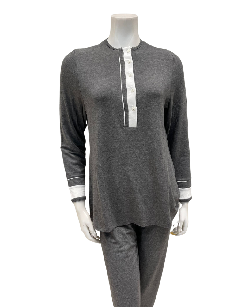 Velvet ANP857GRY Grey with White Button Down Double Piping Modal Pajamas Set Myselflingerie.com
