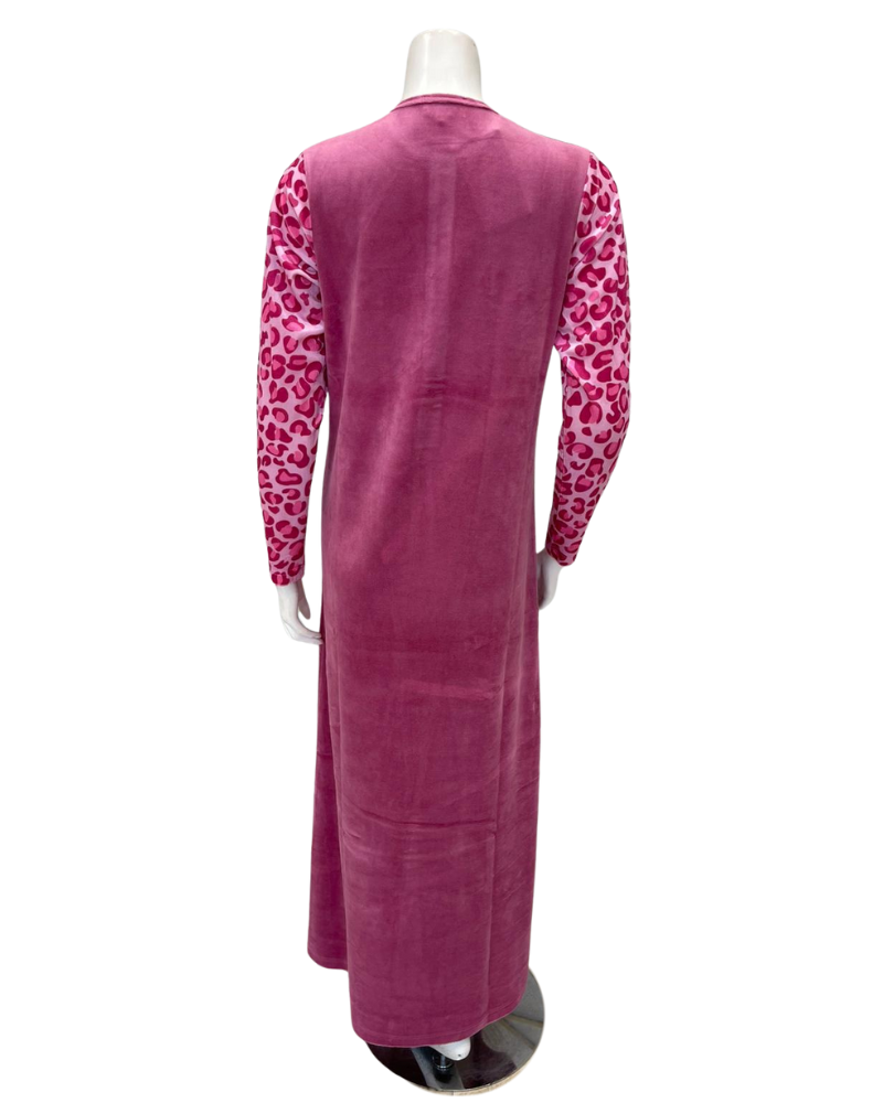 Nico Italy AP834VPK Pink Leopard Print Velour Snap Front Nightgown Myselflingerie.com