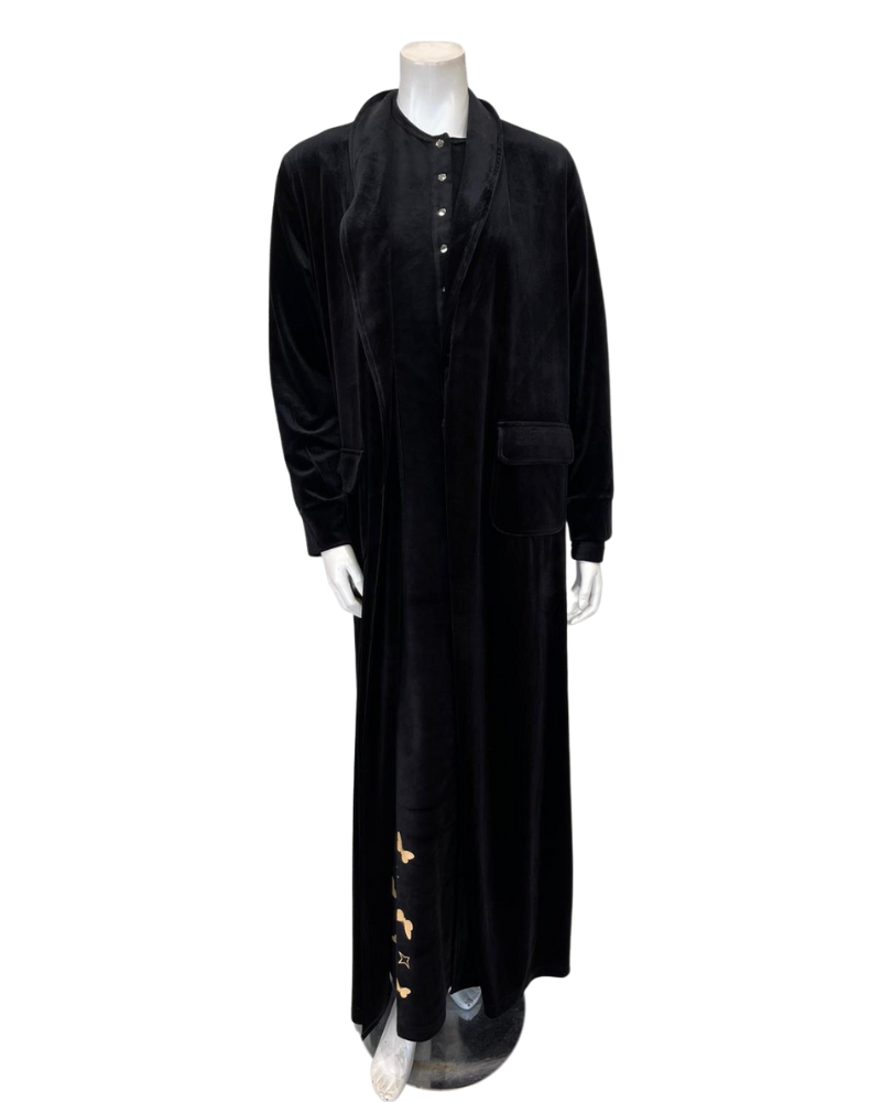 Runelli AP922VBK Black Velour Morning Wrap Robe with Flap Pockets Myselflingerie.com