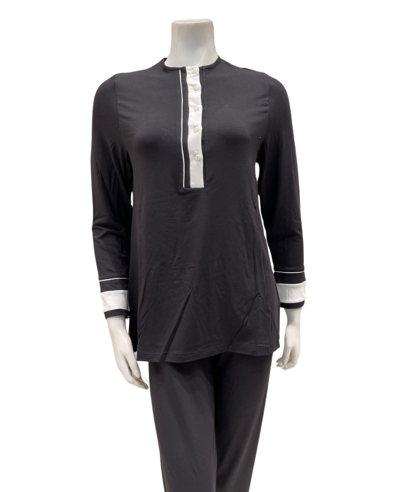 Velvet ANP857BLK Black with White Button Down Double Piping Modal Pajamas Set Myselflingerie.com