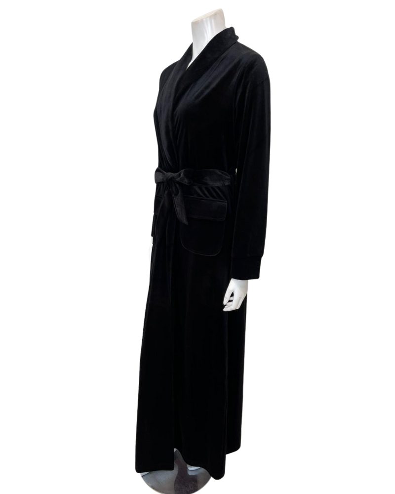 Runelli AP922VBK Black Velour Morning Wrap Robe with Flap Pockets Myselflingerie.com