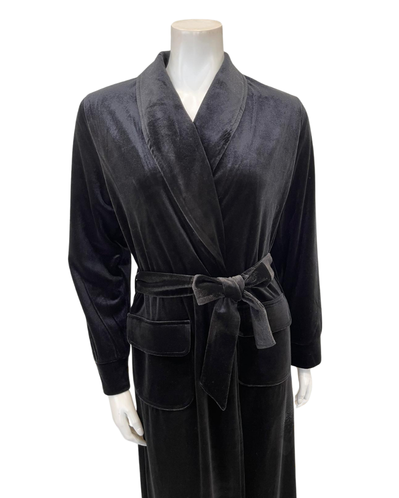 Runelli AP922VBK Black Velour Morning Wrap Robe with Flap Pockets Myselflingerie.com