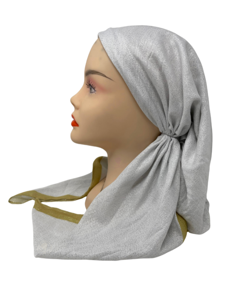 It's Younique OB-BOR-GO White Shimmer Gold Border Pre-Tied Open Back Bandanna with Velvet Grip Myselflingerie.com