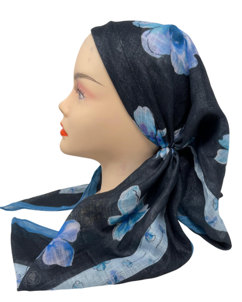 It's Younique OB-FLOW-BK Blue Flower Print on Black Shimmer Pre-Tied Open Back Bandanna with Velvet Grip Myselflingerie.com