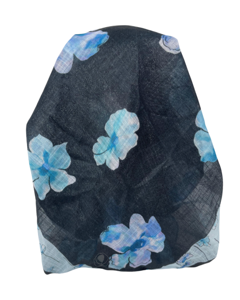 It's Younique OB-FLOW-BK Blue Flower Print on Black Shimmer Pre-Tied Open Back Bandanna with Velvet Grip Myselflingerie.com