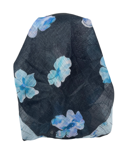 It's Younique OB-FLOW-BK Blue Flower Print on Black Shimmer Pre-Tied Open Back Bandanna with Velvet Grip Myselflingerie.com