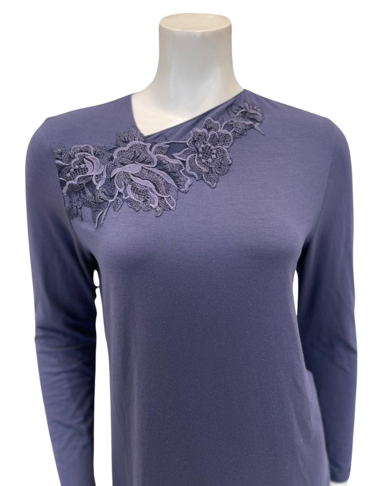 Verdiani 4438 Navy Slanted V Lace Applique Modal Pajamas Set Myselflingerie.com