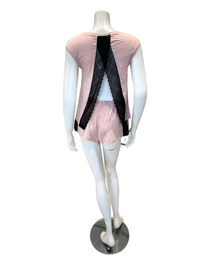 Oh! Zuza 3226 Dusty Pink / Black Lace Open Back Modal Pajamas Shorts Set Myselflingerie.com